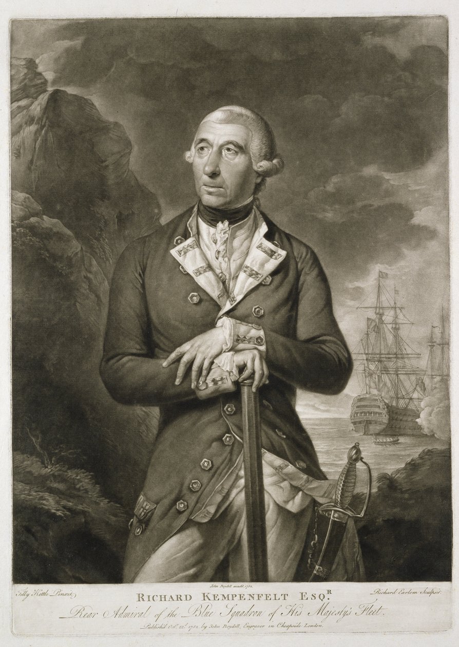 Ritratto di Richard Kempenfelt (1718-82) Viceammiraglio del Blu, inciso da Richard Earlom (1743-1822) pub. da John Boydell (1719-1804) 1782 da Tilly Kettle