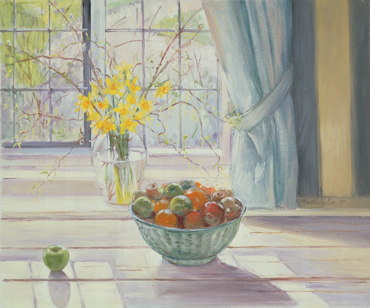 Ciotola di frutta con fiori primaverili, 1990 da Timothy Easton