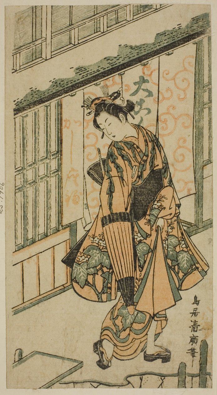 Giovane donna con ombrello da Torii Kiyohiro