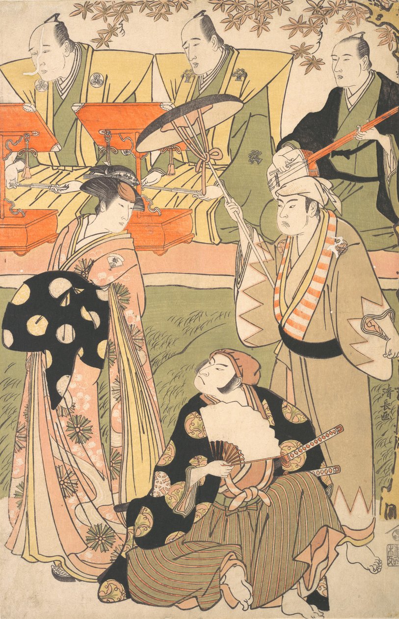 Scena teatrale, con musicisti da Torii Kiyonaga