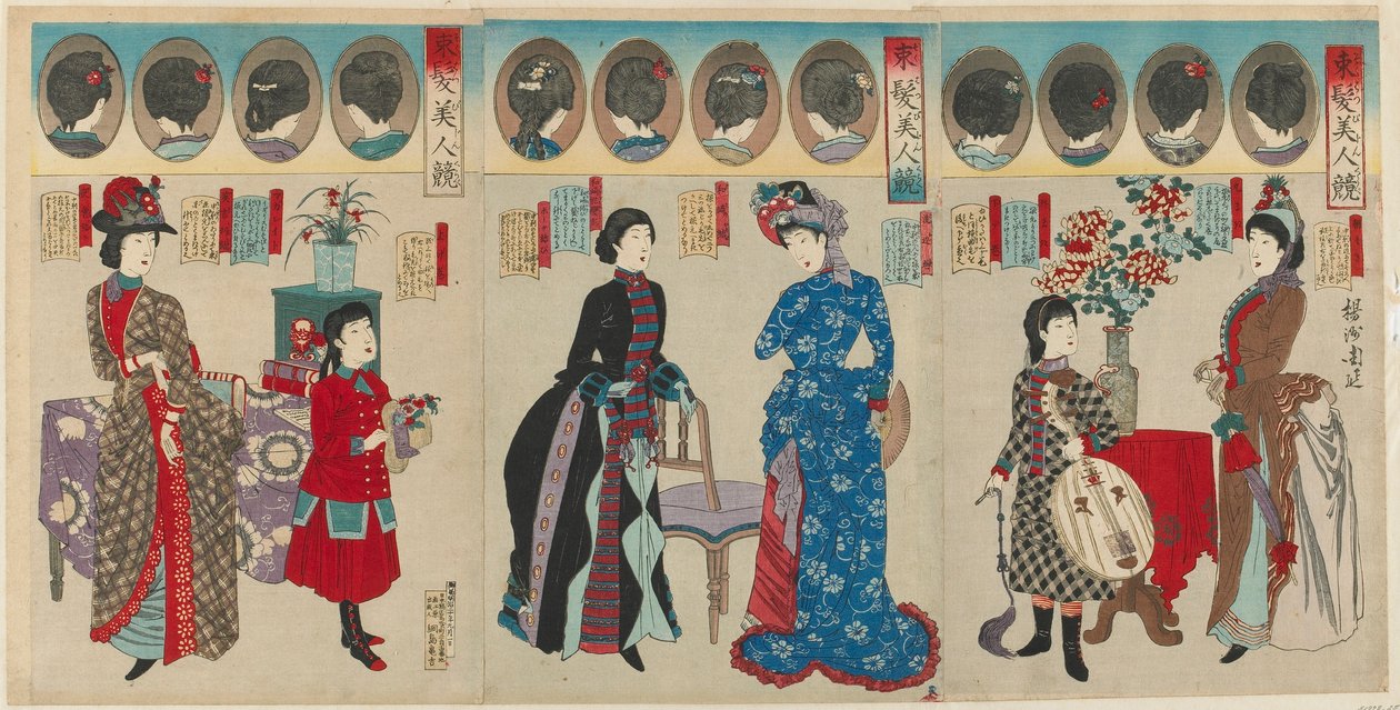 Confronto di belle donne con acconciature occidentali, era Meiji, 1887 da Toyohara Chikanobu