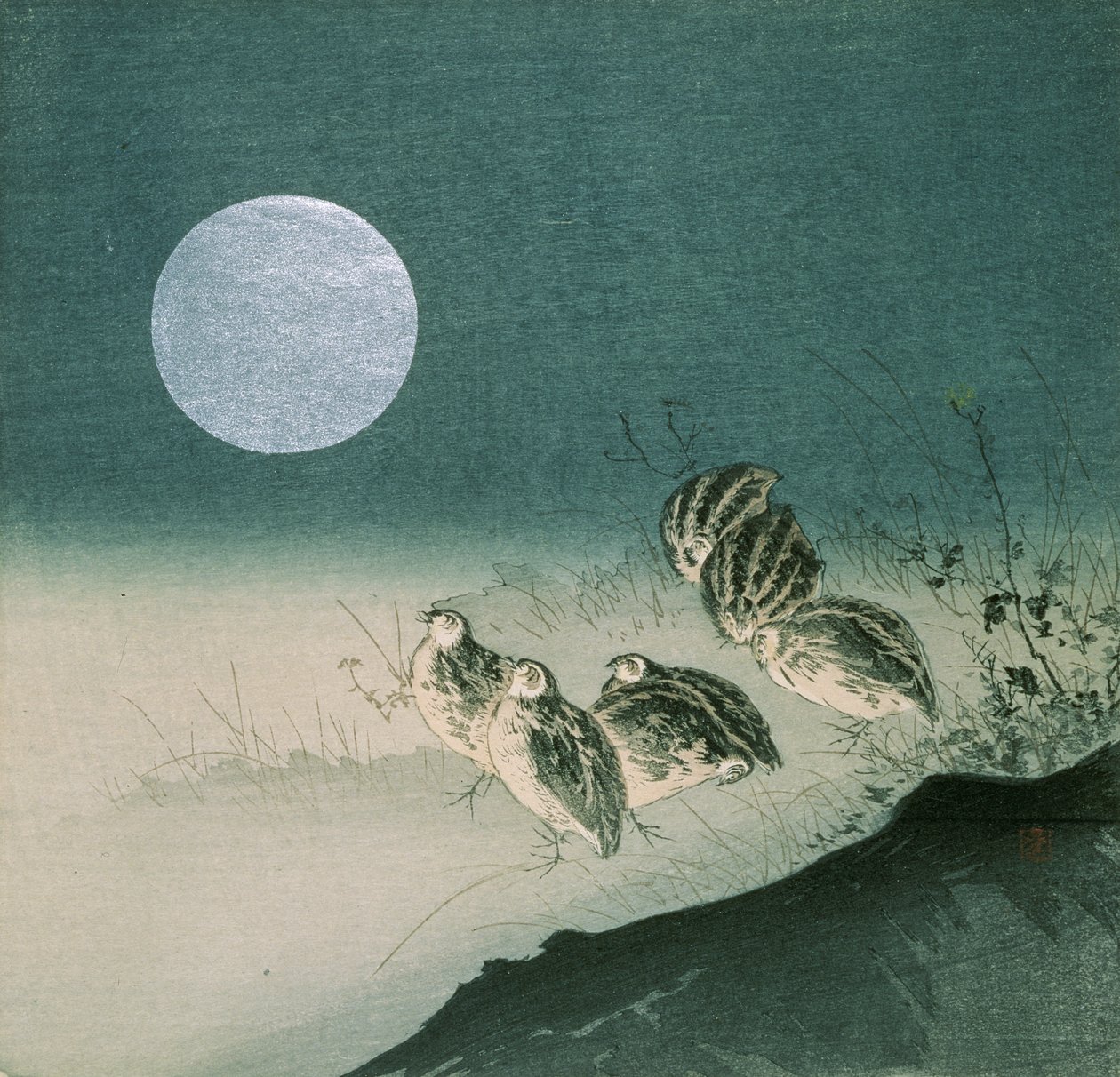 Quaglie e luna piena, c.inizio 1900 da Tsukioka Kogyo