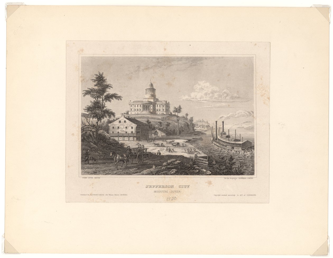 Incisione in acciaio orizzontale che mostra una vista di Jefferson City accanto al fiume Missouri. L
