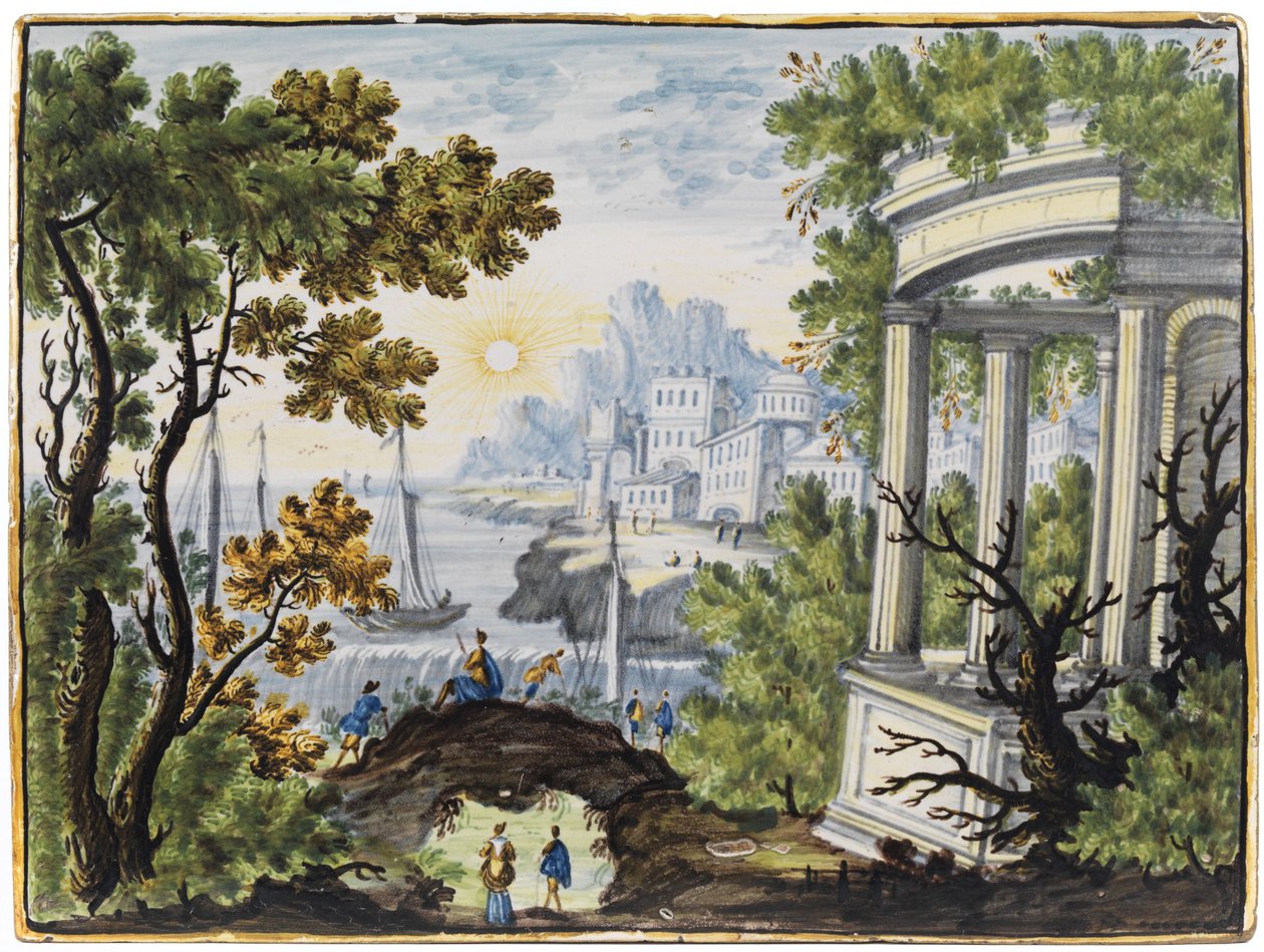Piatto in maiolica. Paesaggio ideale con edifici di palazzo da Unbekannt Unbekannt