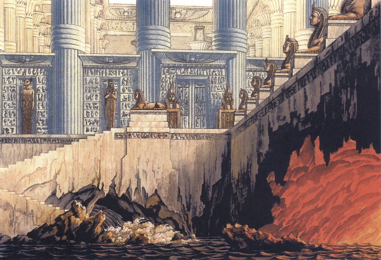 Bozzetto di scena per Il flauto magico di Mozart, prova del fuoco e dell