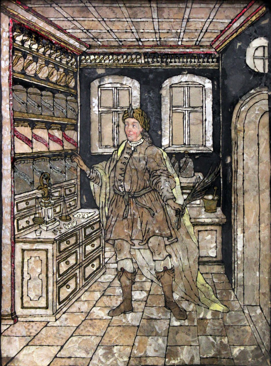 Farmacista in costume antico nel suo ufficio da Unbekannt Unbekannt