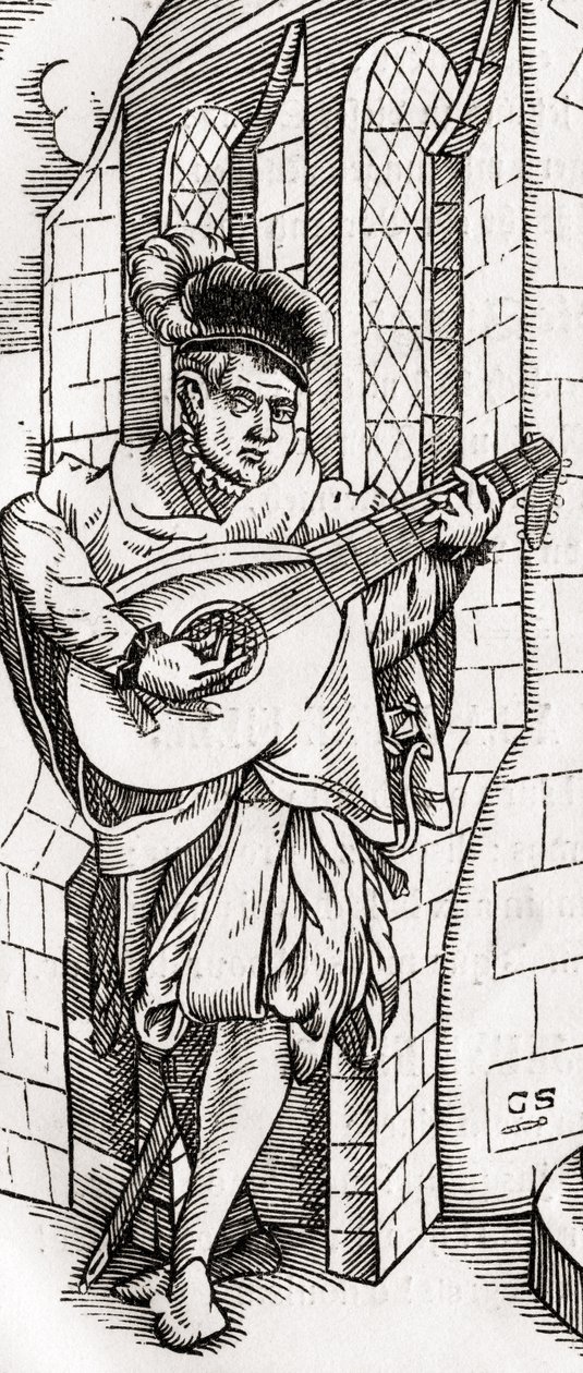 Un Trovatore, dettaglio di una xilografia, inciso da Georg Scharffenberg, da 