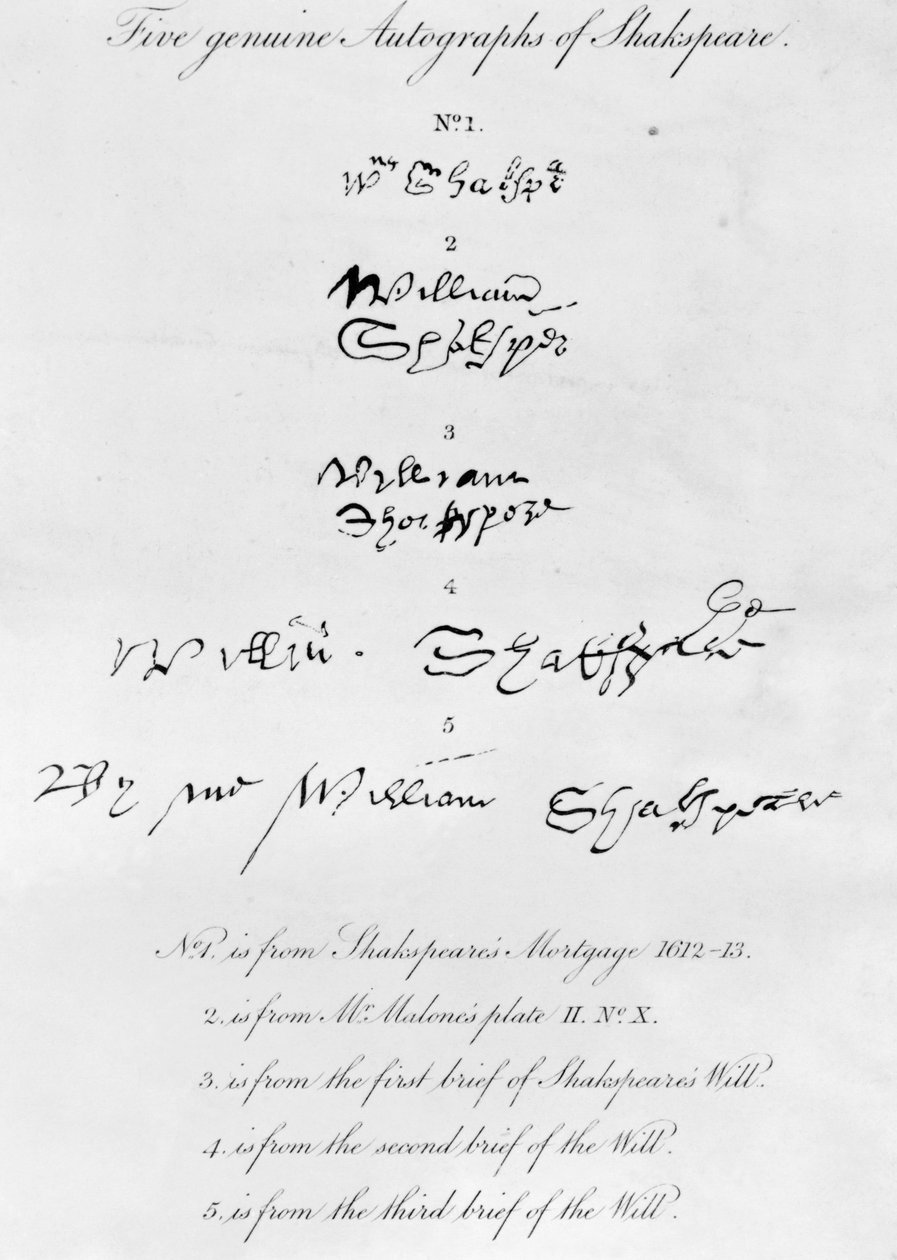 Cinque Autografi Autentici di William Shakespeare (1564-1616) da Unbekannt Unbekannt