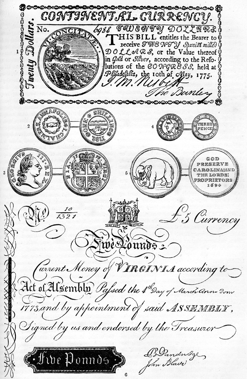 Monete e Banconote Americane, XVII-XVIII secolo c1880 da Unbekannt
