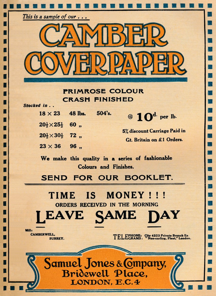 Copertina di Camber - Pubblicità della Samuel Jones & Company, 1919 da Unbekannt