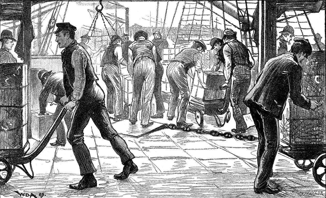 Scaricatori che scaricano tè nei Docks di Londra, 1889 da Unbekannt