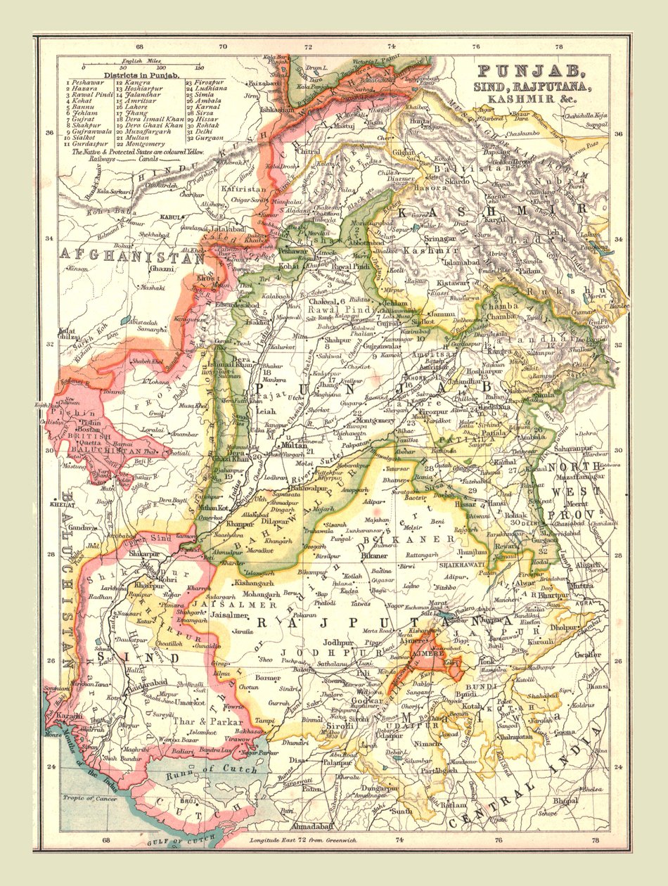 Mappa del Punjab, Sind, Rajputana e Kashmir, 1902 da Unbekannt