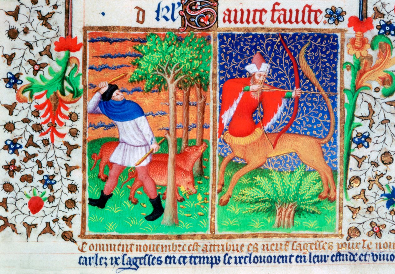 Novembre: nutrire i maiali, e Sagittario, c1423 da Unbekannt