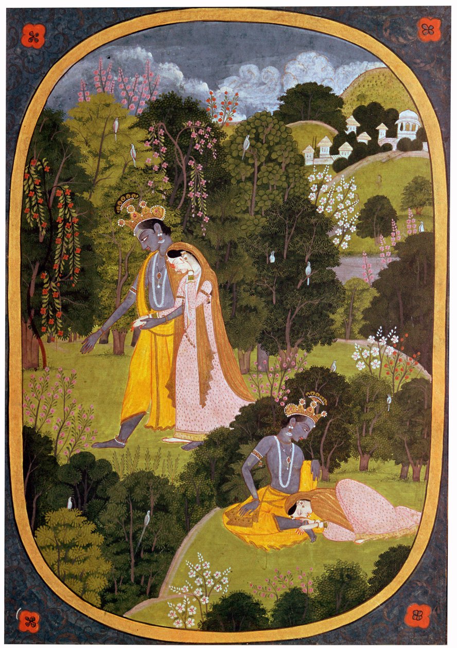 Dipinto di Radha e Krishna in un boschetto da Unbekannt