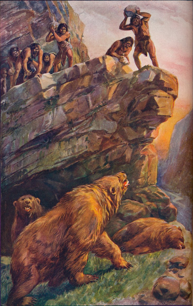 Uomini preistorici che attaccano grandi orsi delle caverne, 1907 da Unbekannt