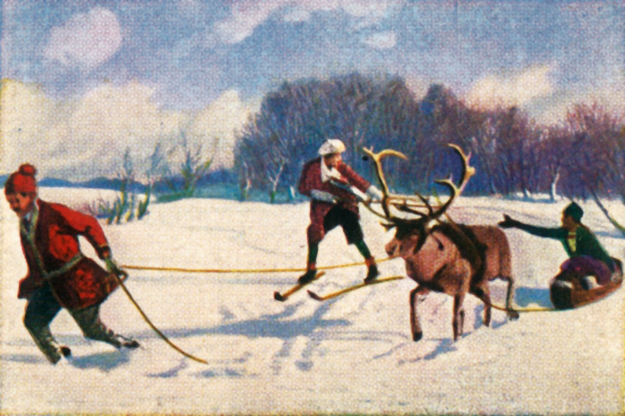 Corsa in slitta con renne in Svezia, c1928 da Unbekannt