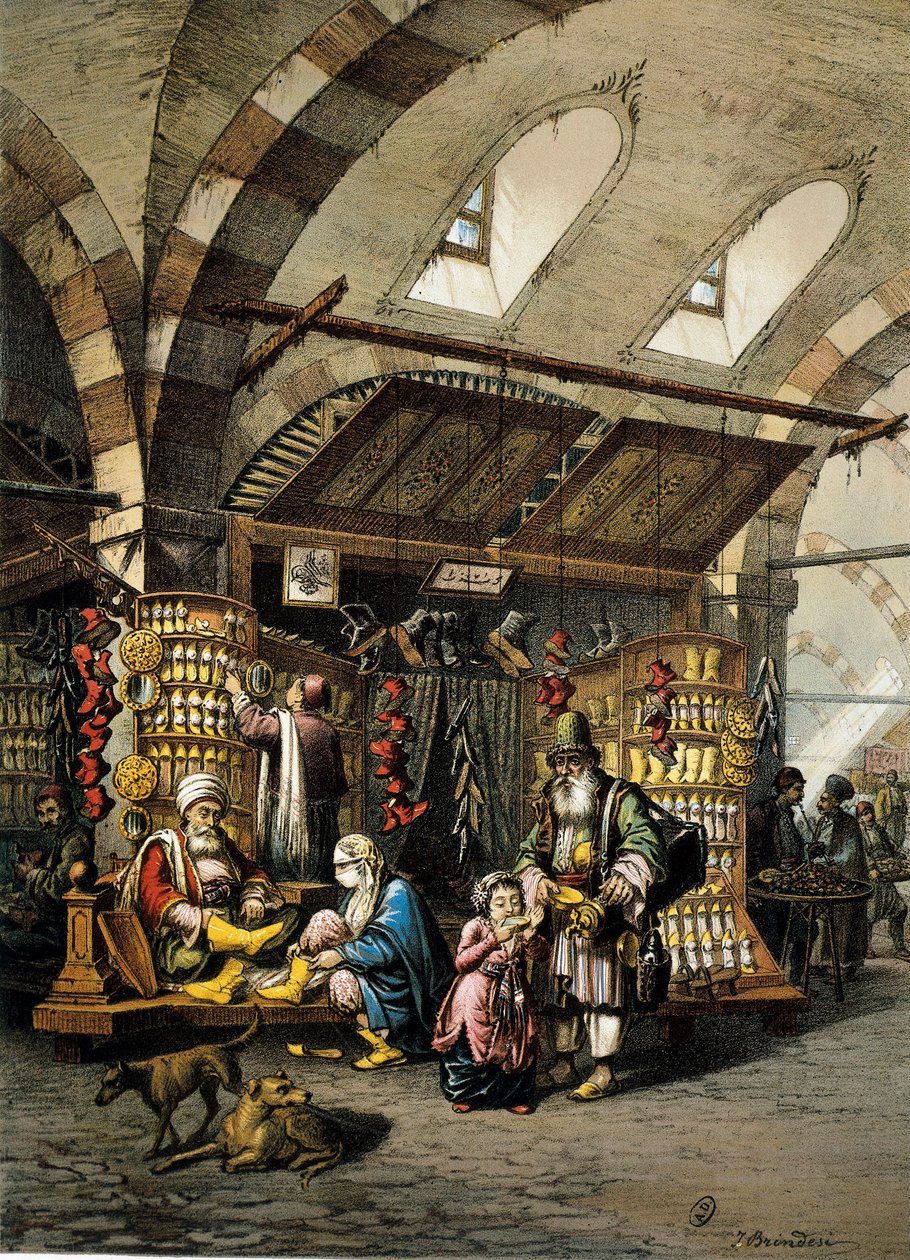 Il Bazar (souk) di Costantinopoli, litografia a colori da Unbekannt
