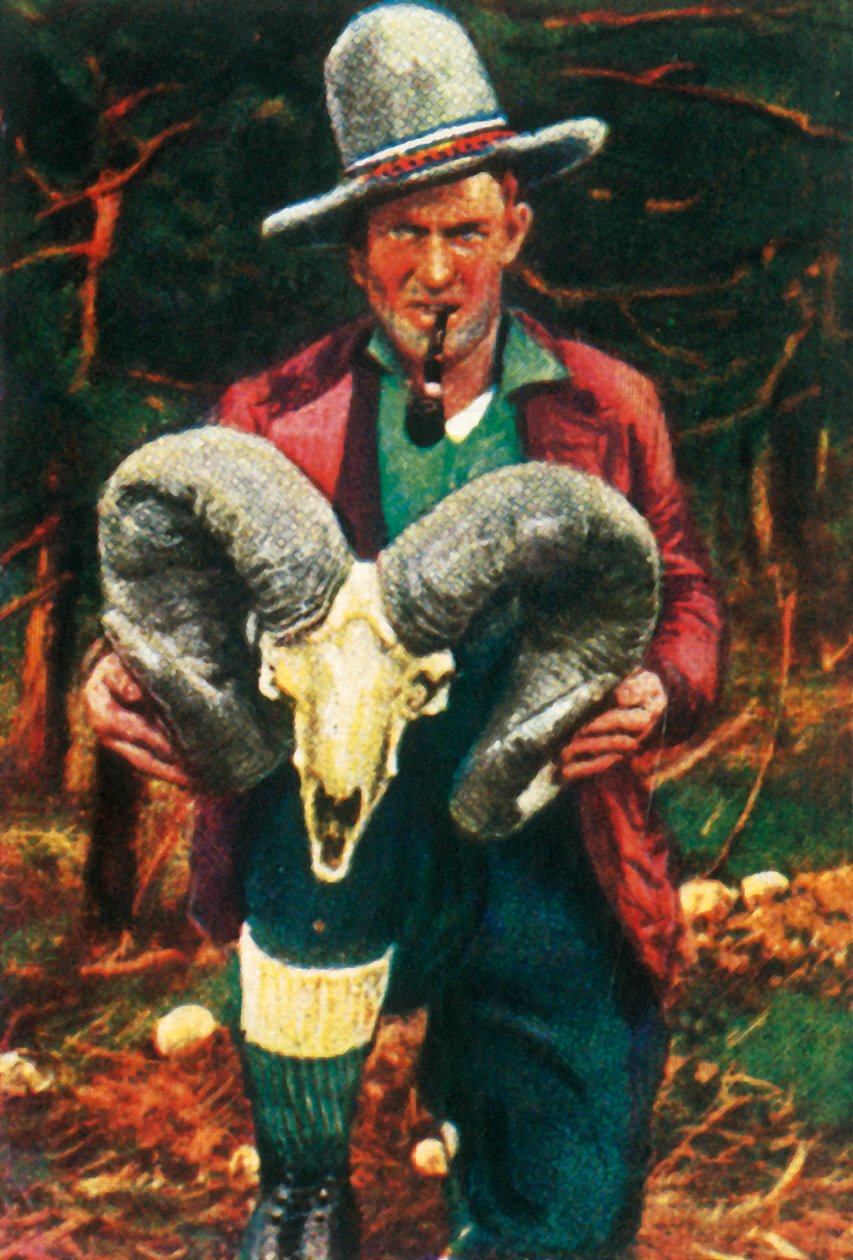 Cacciatore di trofei con teschio di pecora Bighorn, c. 1928 da Unbekannt