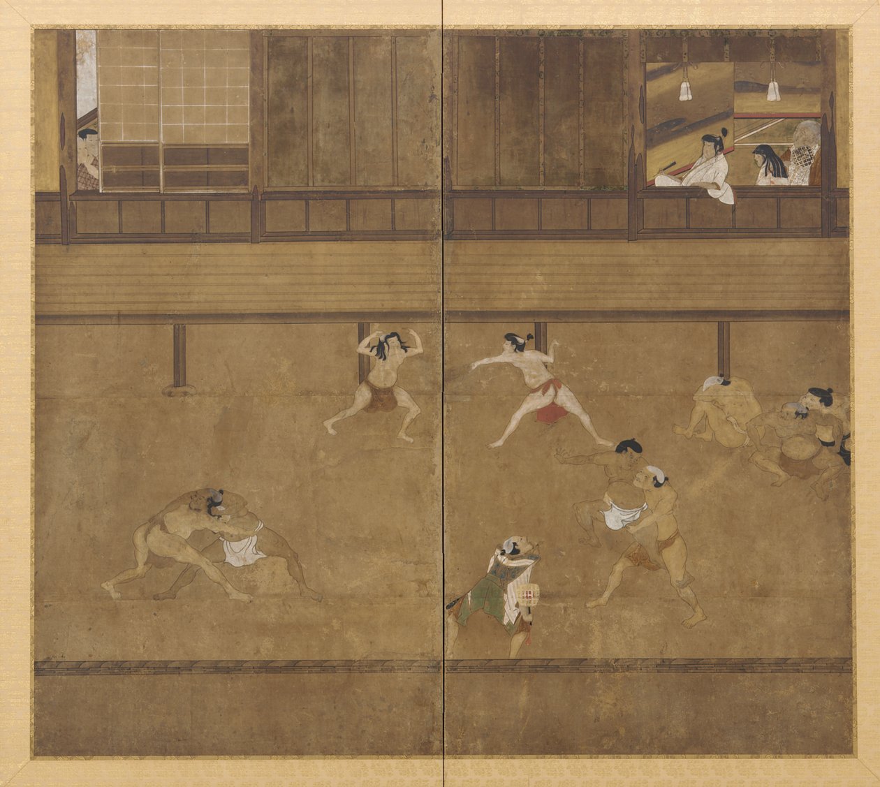 Schermo a due pannelli raffigurante lottatori, periodo Edo da Unbekannt