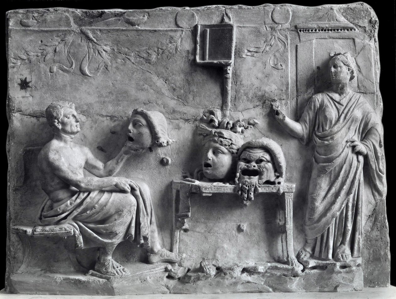 Rilievo che raffigura Menandro con maschere teatrali, copia di un originale greco da Unbekannt Unbekannt