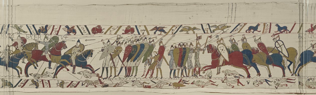 La cavalleria normanna attacca lo scudo inglese e la battaglia inizia, Arazzo di Bayeux da Unbekannt Unbekannt