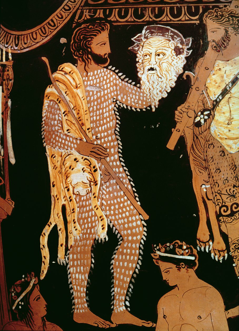 (dettaglio) da un vaso a figure rosse che mostra un attore che tiene la sua maschera, trovato a Ruvo, c.410 a.C. da Unbekannt Unbekannt