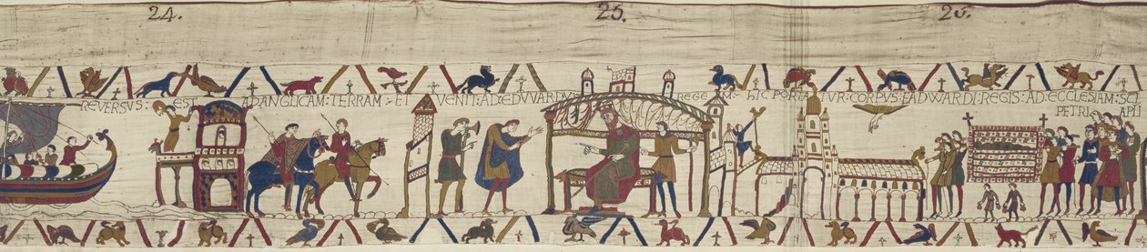 Il conte Harold ritorna in Inghilterra e visita il re Edoardo il Confessore il cui corpo viene portato alla Chiesa di San Pietro, Arazzo di Bayeux da Unbekannt Unbekannt