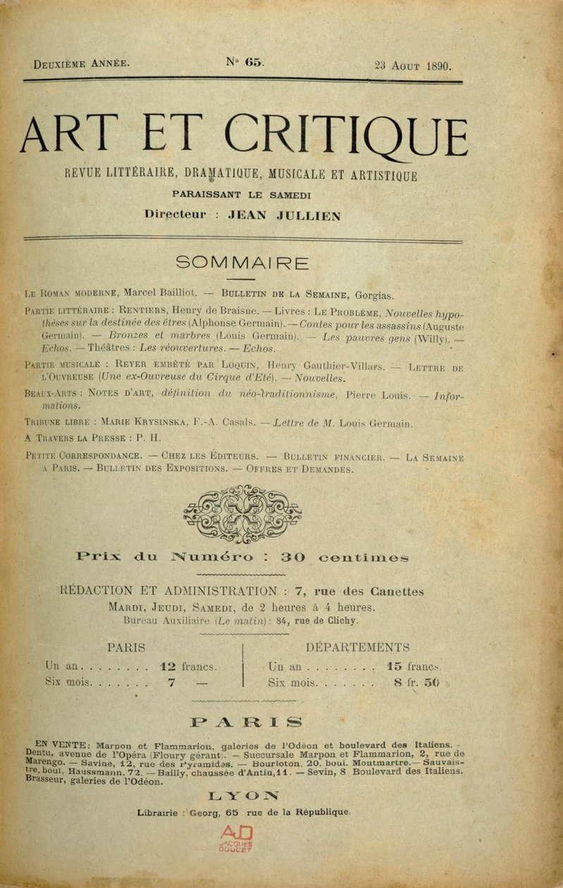 Frontespizio della rivista "Art et Critique", 23 agosto 1890 da Unbekannt Unbekannt