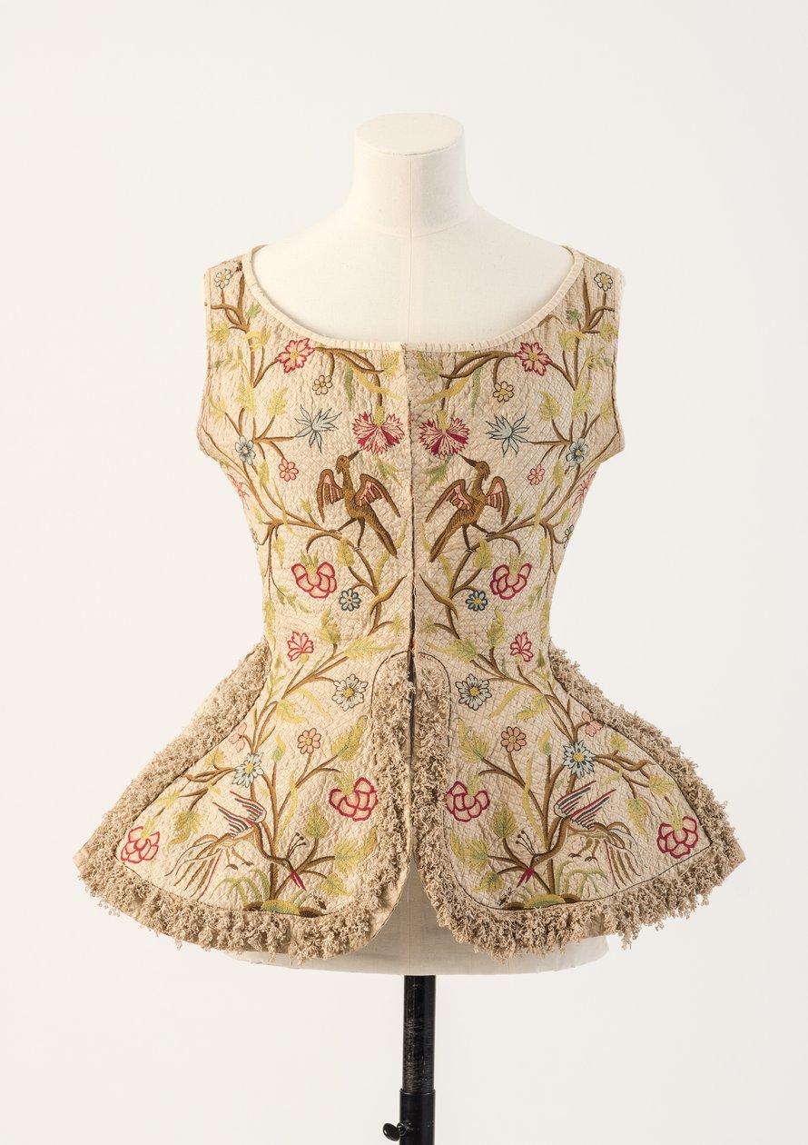 Gilet da donna ricamato in lino verde e rosa, anni 1700 da Unbekannt Unbekannt
