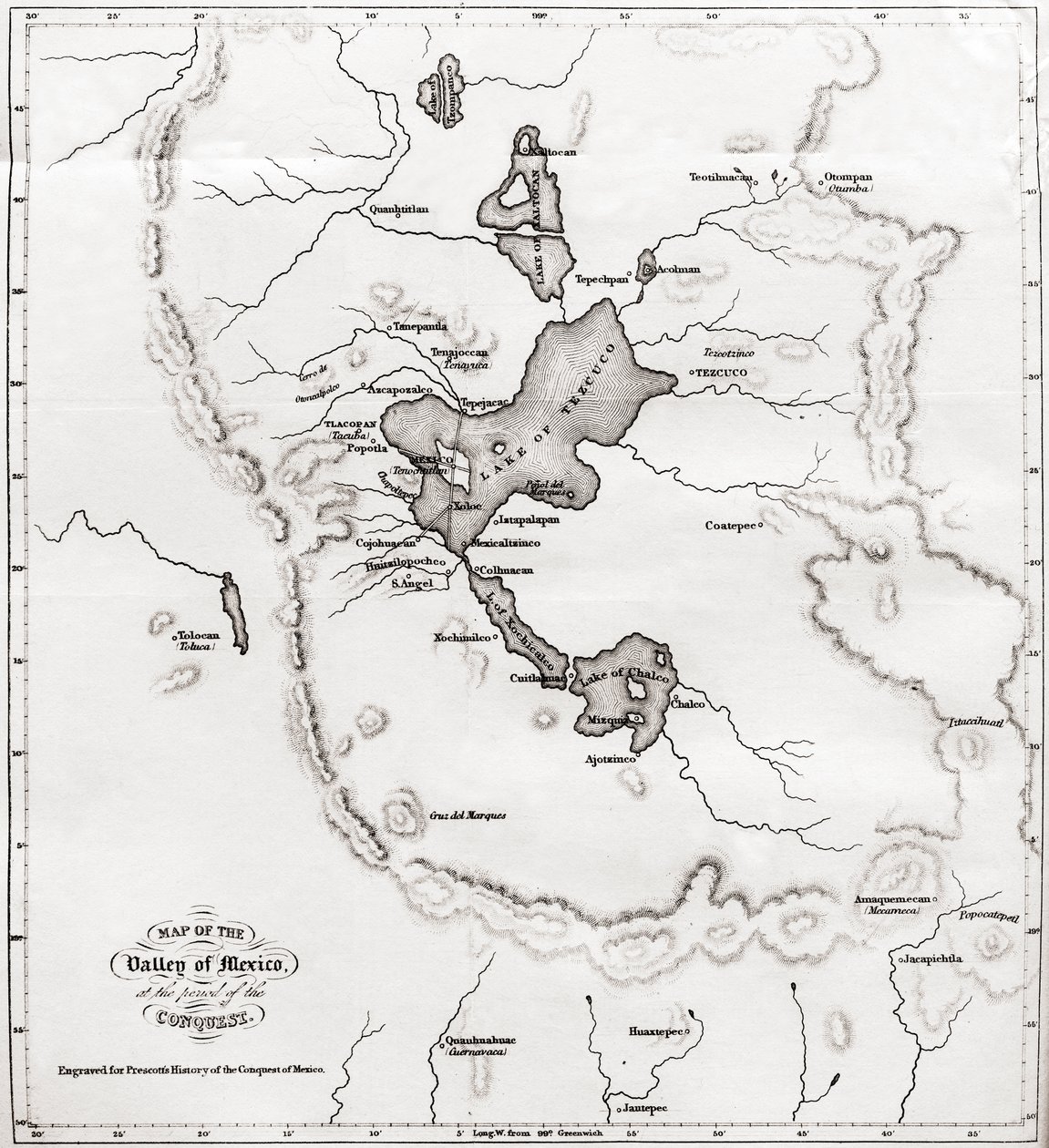 Mappa della Valle del Messico al tempo della conquista, da History of The Conquest of Mexico, pubblicato nel 1850 da Unbekannt Unbekannt