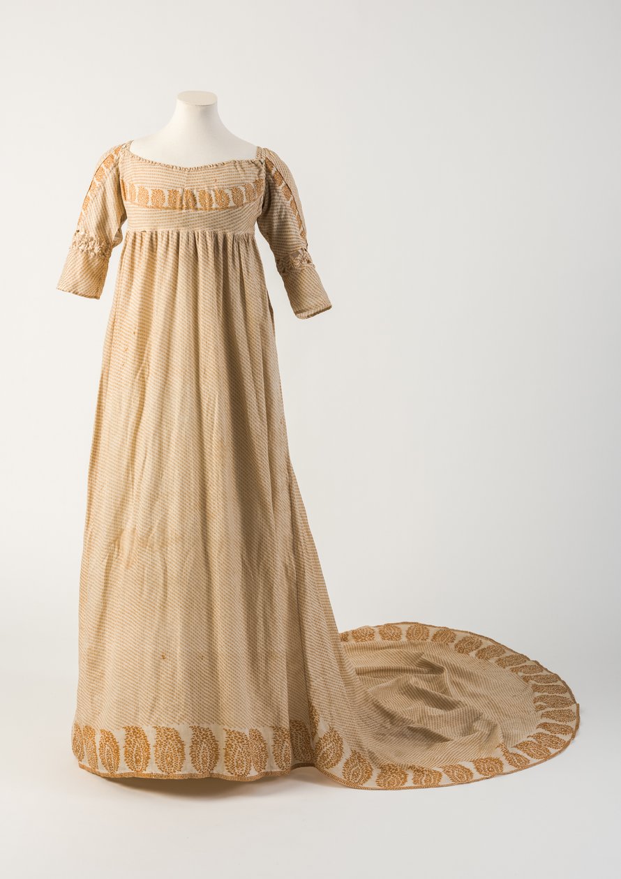Abito in cotone stampato arancione-giallo, con motivo a pigna o patka, 1800 da Unbekannt Unbekannt