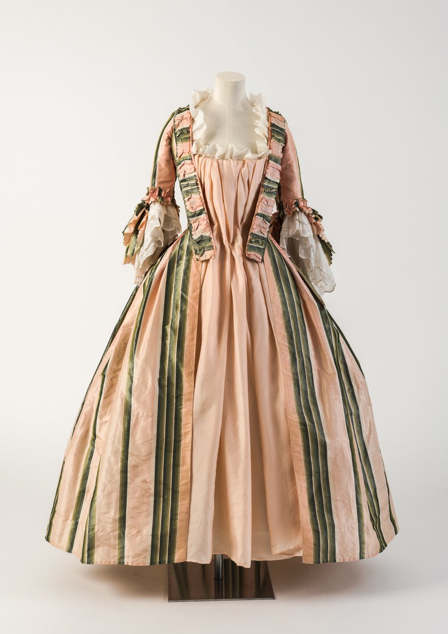 Abito a langlaise a righe rosa e verde in seta, anni 1770 da Unbekannt Unbekannt