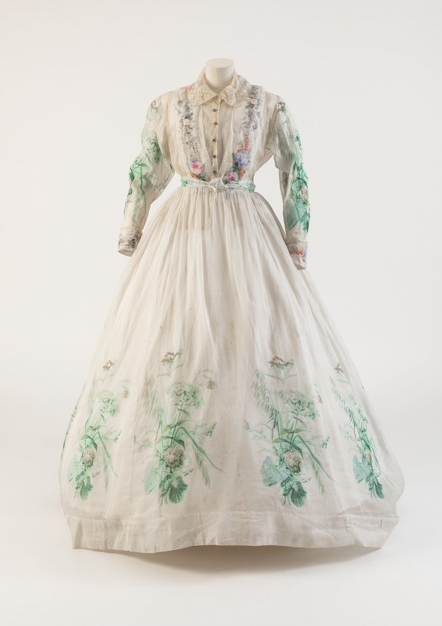 Abito in mussola di cotone bianco con design floreale verde, 1860 da Unbekannt Unbekannt