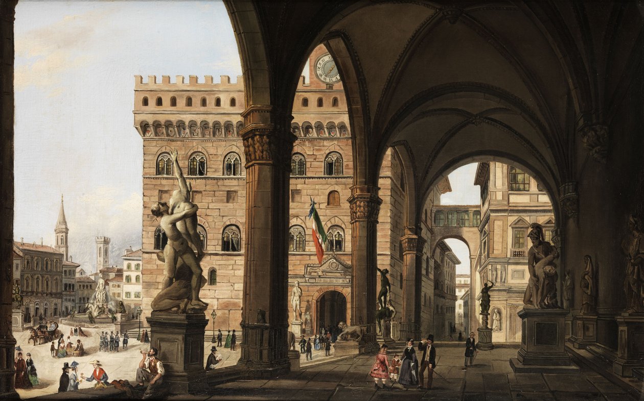 Vista dalla Loggia dei Lanzi al Palazzo della Signoria a Firenze da Unknown