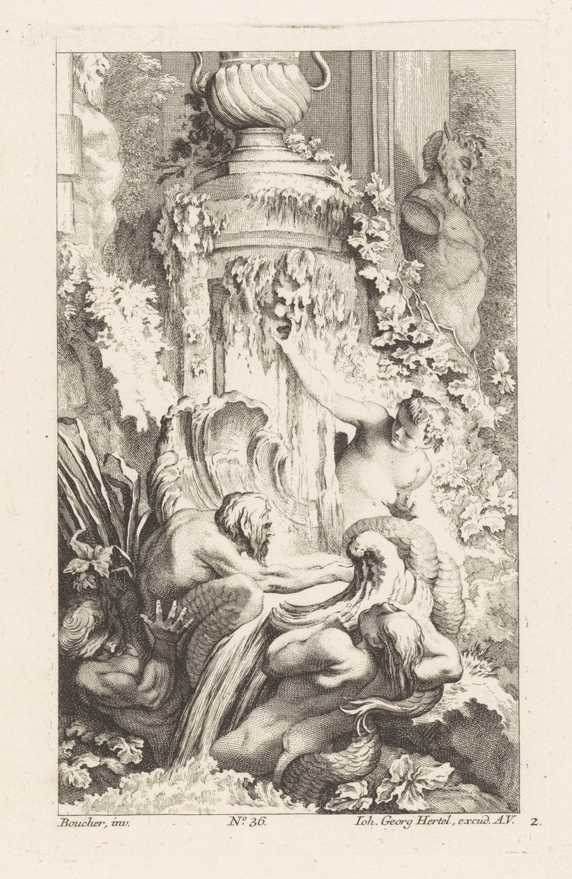 Fontana con tritoni e statua di satiro da Unknown