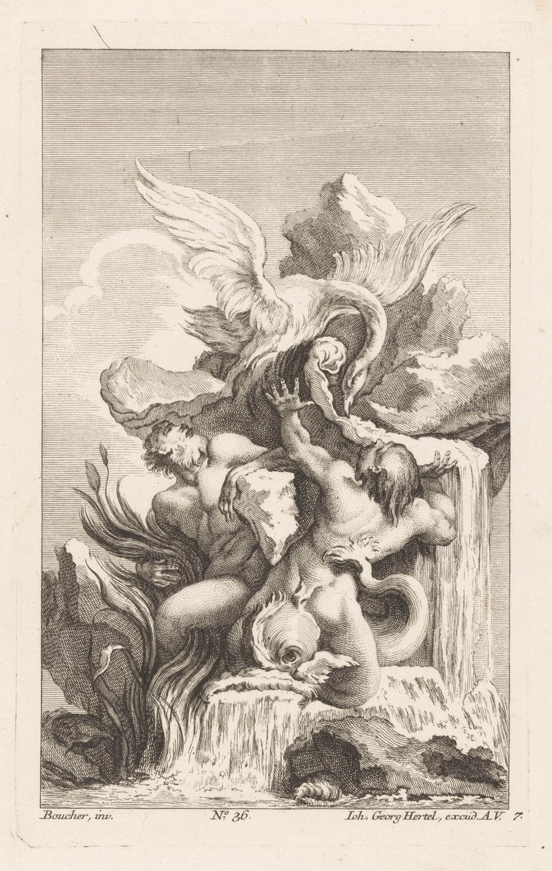 Fontana con cigno e uomini da Unknown