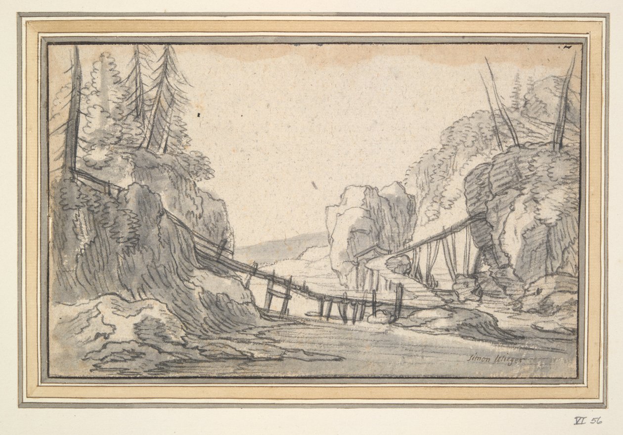 Paesaggio montuoso con ponte di legno da Unknown