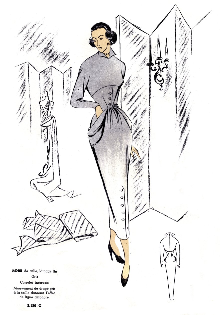 Moda francese, design di abiti da città in lana. da Unknown artist