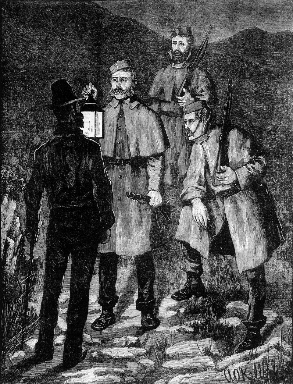 Pattuglia di polizia irlandese che controlla un sospetto (1881) da Unknown artist