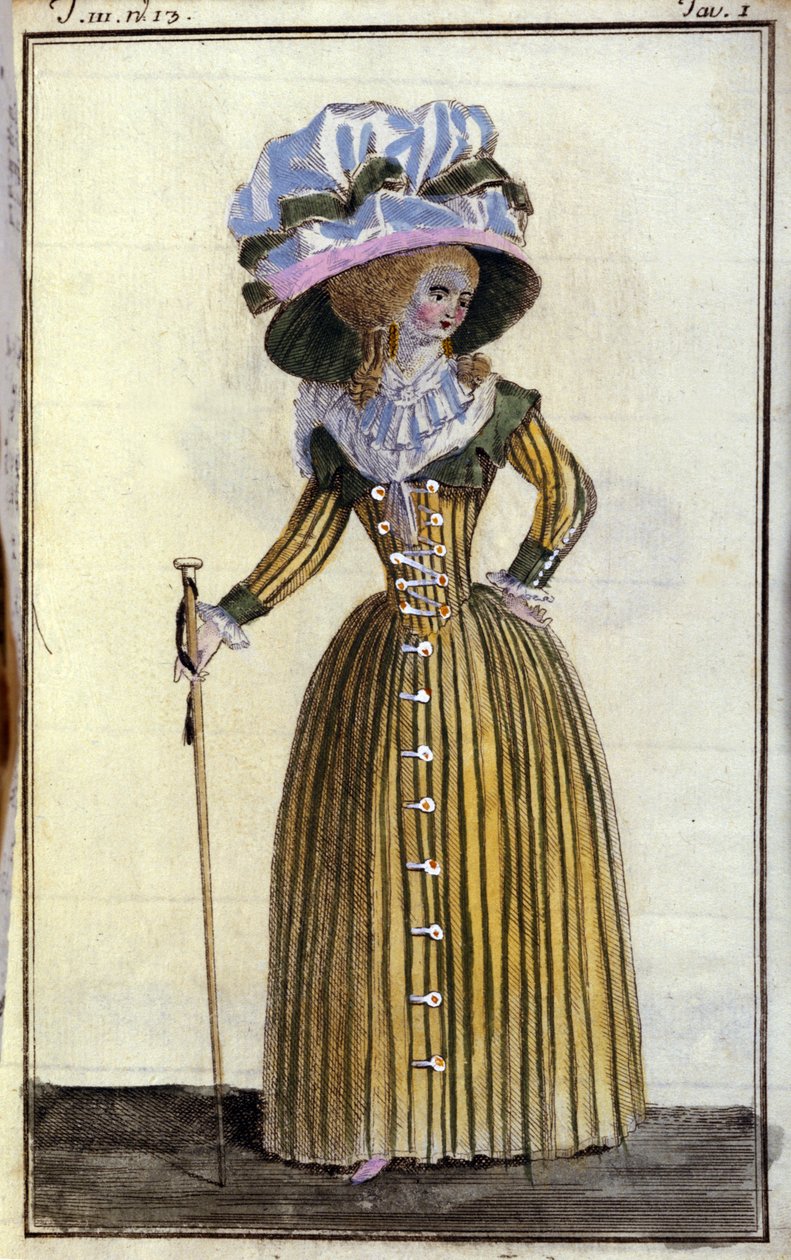 Moda: giovane donna elegante con bastone. 1787 da Unknown artist