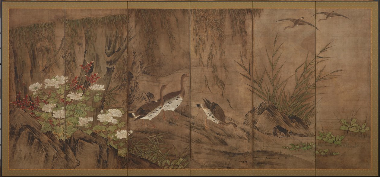Oche selvatiche, salici e peonie da Unknown artist