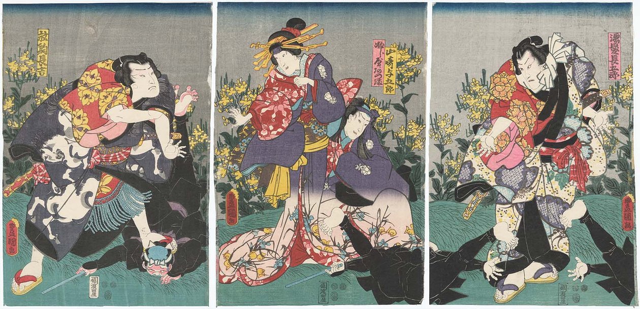 Attori Ichikawa Danjuro VIII come Nuregami Chogoro, Ichikawa Saruzo I come Yamasaki Yogoro, Iwai Kumesaburo III come Azuma del Fujiya, e Arashi Rikan III come Hanaregoma Chokichi da Utagawa Kunisada