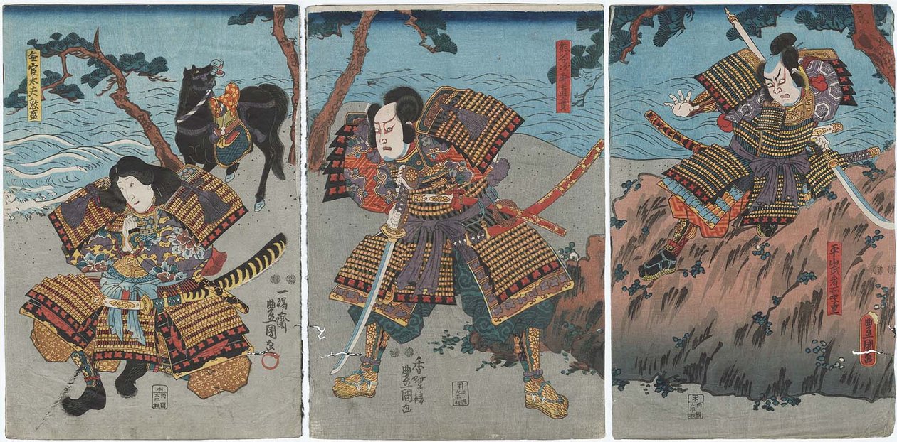 Attori Nakayama Bungoro II come Hirayama Mushadokoro Sueshige, Ichimura Takenojo V come Kumagai Jiro Naozane, e Bando Shuka I come Mukan tayu Atsumori da Utagawa Kunisada