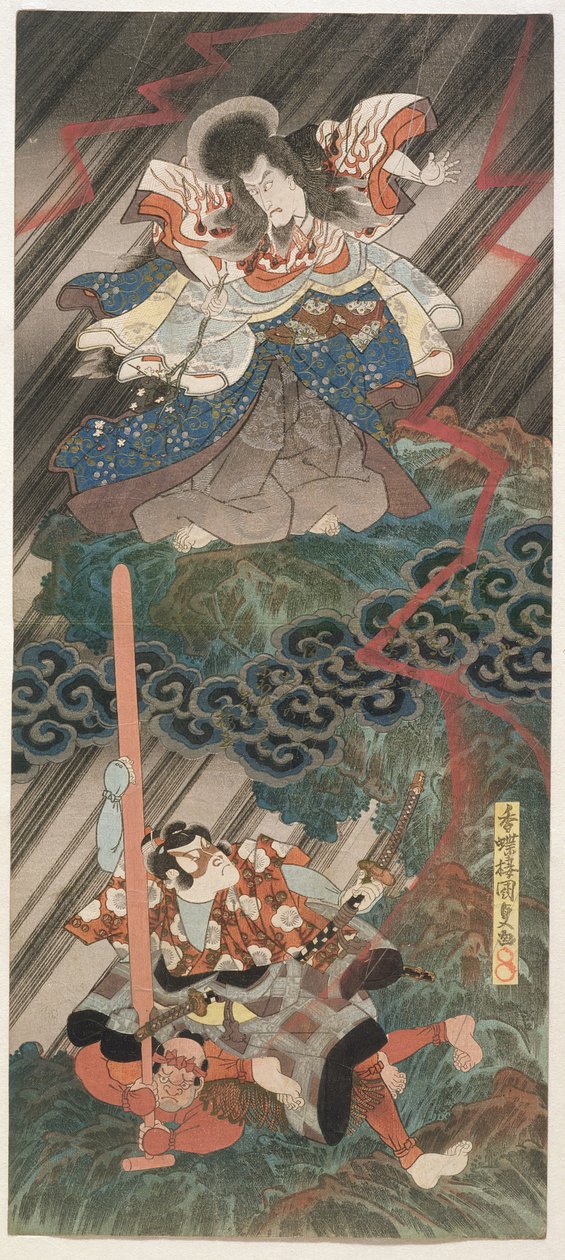 Attori Ichikawa Danjuro VII come Kan Shojo (in alto) e Segawa Kikunojo V come Umeo-maru, 1832 da Utagawa Kunisada