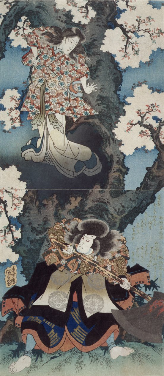 Bando Mitsugoro IV come Sekibei e Onoe Kikugoro III come Somezone in Tsumoru koi yuki seki no to, c.1832 da Utagawa Kunisada