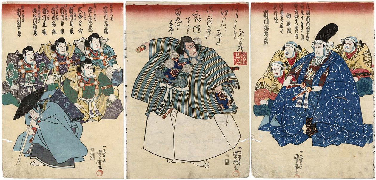 Attori in Kanjincho: Ichikawa Kuzo II come Togashi no Saemon, Ichikawa Ebizo V come Musashibo Benkei, Ichikawa Danjuro VIII come Minamoto no Yoshitsune da Utagawa Kuniyoshi