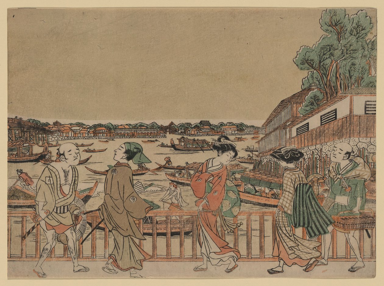 Pedoni che attraversano un ponte su un fiume con barche da Utagawa Toyoharu