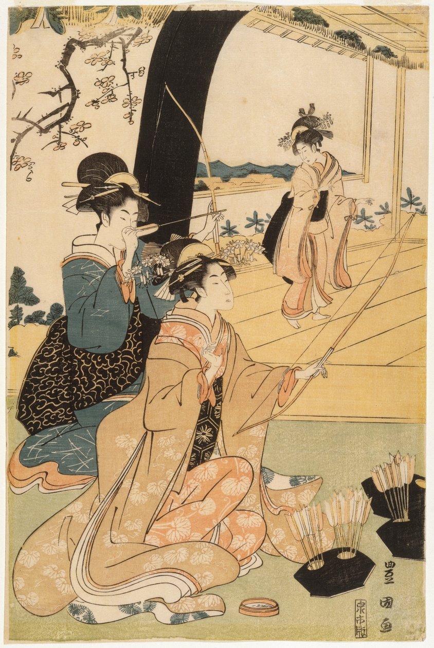 Giovane samurai e assistenti femminili che praticano il tiro con l