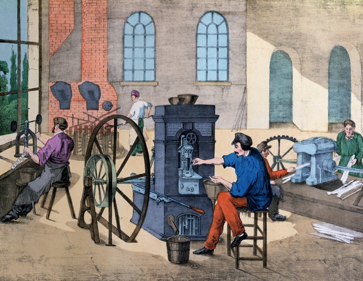 Operaio che conia monete alla Monnaie de Paris, tavola 9 da un libro didattico su industrie e mestieri, pubblicato c.1860 da V. Janson