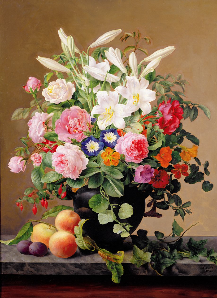 Natura morta con fiori e frutta da V. Hoier